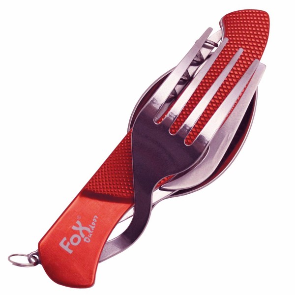 Fox Outdoor Taschenmesser Besteck, rot, komplettes Essbesteck aus für die Hosentasche.